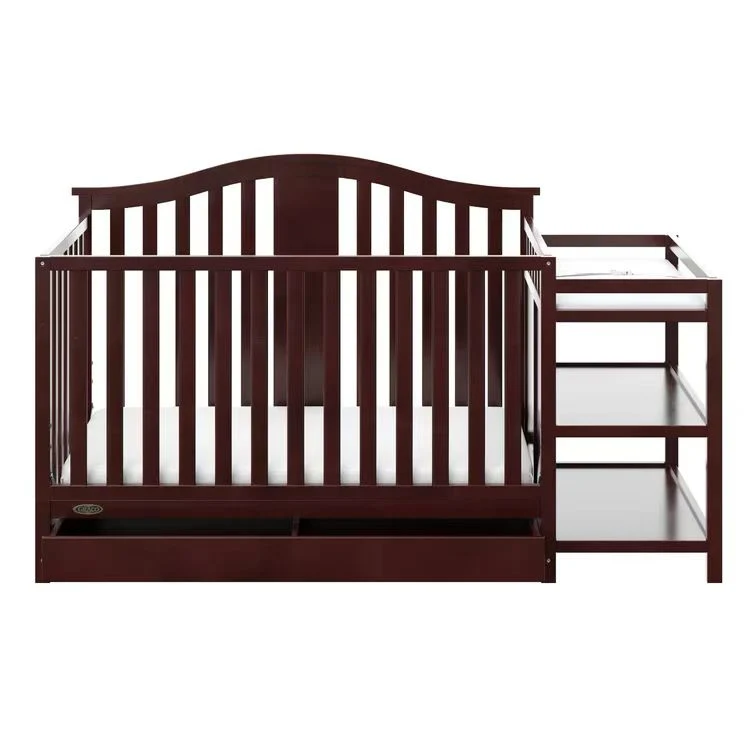 American Style Baby Bed Cot Solid Wooden Baby Crib with Side Cabinet