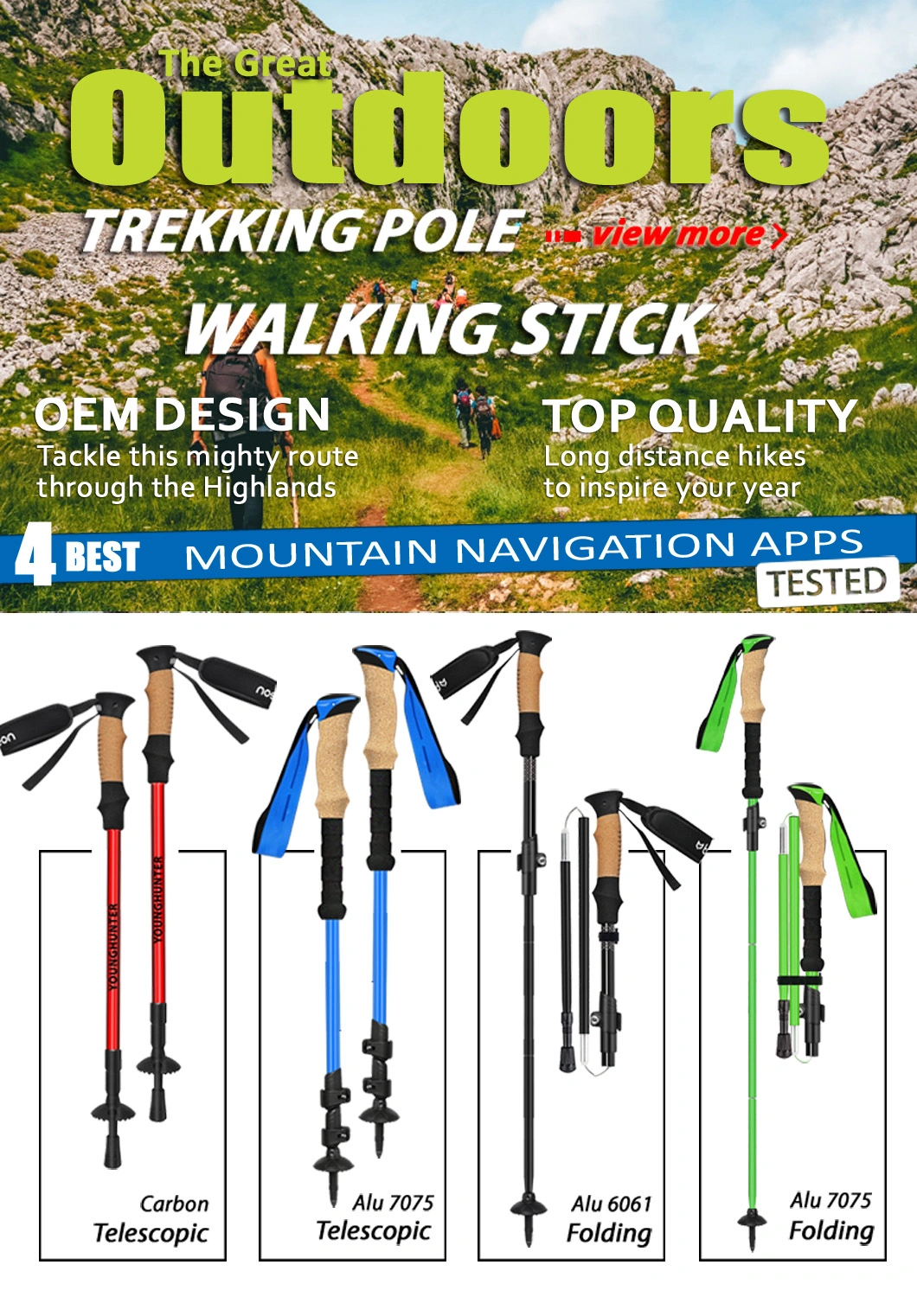 Foldable Ultralight Adjustable Aluminium Alloy Hiking Stick Trekking Pole Twist Lock Alpenstock